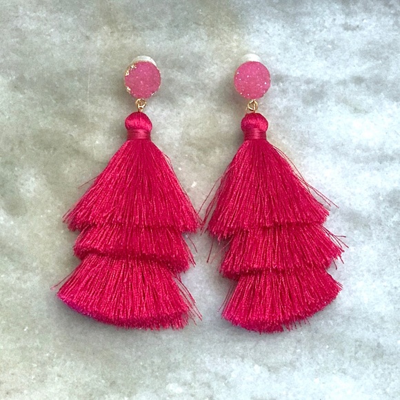 NWT Druzy 3 Tiered Tassel Earrings - Picture 3 of 3